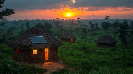 Sunset over African village with solar panel on hut.