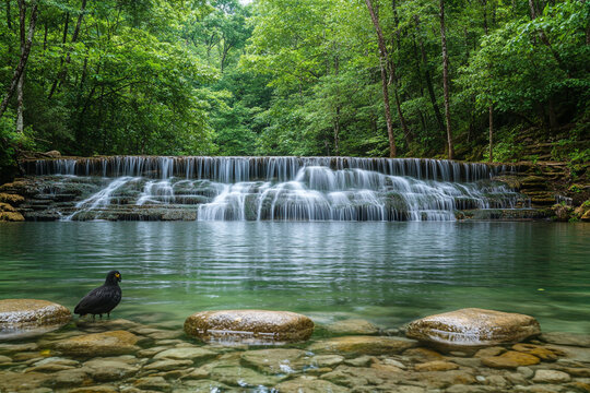 A forest waterfall cascading over smooth rocks into a crystal-clear pool below. The surrounding trees are lush and green, and the sound of the water is soothing and peaceful
