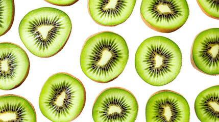 Fototapeta premium Fresh sliced kiwi fruit with vibrant green background and seamless pattern