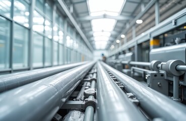 Fototapeta premium Warehouse with long rows of gray plastic pipes. Industrial facility, piping system for water supply, gas, sewage, construction. Workshop with high speed extruders producing polypropylene, PVC pipes.