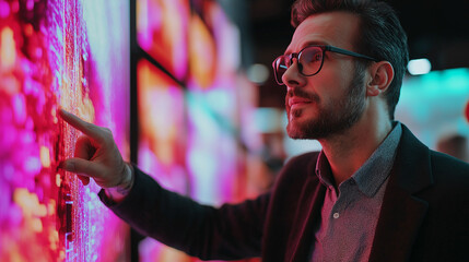 A man explores a vibrant digital world, his finger tracing glowing patterns on a large interactive screen, bathed in a captivating neon glow.