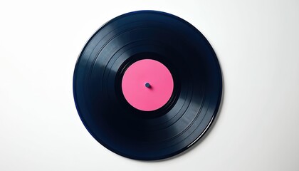 Fototapeta premium Top view of isolated vinyl record on white background. Black vinyl record with pink label, studio shot. Music media, classic musical album, retro record. Perfect for music tech, music albums.