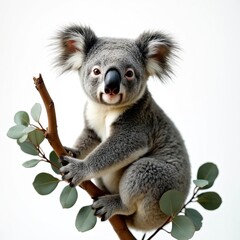 Obraz premium Adorable koala sits branch with leaves against white backdrop. Cute animal, fluffy fur, round ears, dark nose. Wildlife, Australia, native species, marsupial, tree.