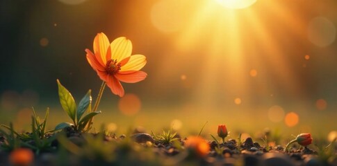 Golden misty aura surrounding a lone flower blooming in a serene empty space, empty space, abstract