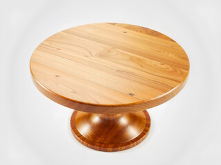 A round wooden pedestal stand on a white background, suitable for product display and showcase. Generative AI