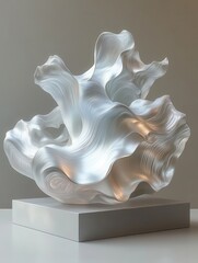 Abstract white sculpture with flowing, wave-like forms.  Rests on a square base