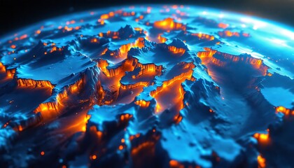 Fototapeta premium Abstract Planet Surface with Blue Terrain and Glowing Orange Light