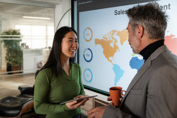 Business professionals engaging in discussion by a world map