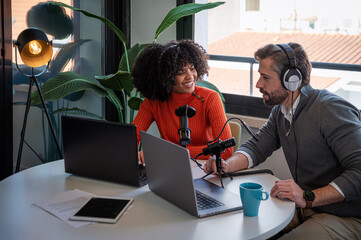 Creative teamwork during modern podcast recording session