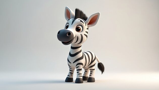 Cute cartoon zebra stands on white background. Adorable character with black stripes, funny expression. Rendered illustration perfect for kids content, advertising, education. Happy zoo animal,