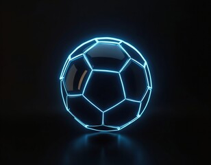 Fototapeta premium Futuristic soccer ball with glowing neon lights on dark background. 3d rendering of football with blue neon lines. Digital art. Sport game concept design. Suitable for web design and advertising.