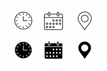 Minimalist icons of clocks, calendars, and location markers.