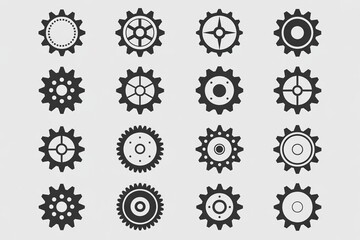 Vector set of sixteen diverse gear icons, each unique in design, arranged in a grid layout on a white background.