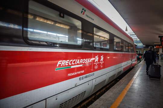ROME, ITALY - JANUARY 15, 2025: Frecciarossa high-speed train awaiting departure at Roma Termini railway station, operated by Trenitalia. Frecciarossa is the fast intercity service in italy.