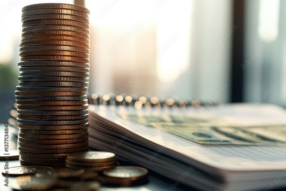 Poster cash flow and business assets concept. stack of coins beside a stack of cash and a notebook in soft 