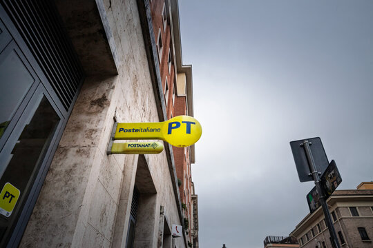 ROME, ITALY - JANUARY 15, 2025: Signage of Poste Italiane outside a post office in Rome, Italy. Poste Italiane is the main italian postal service.