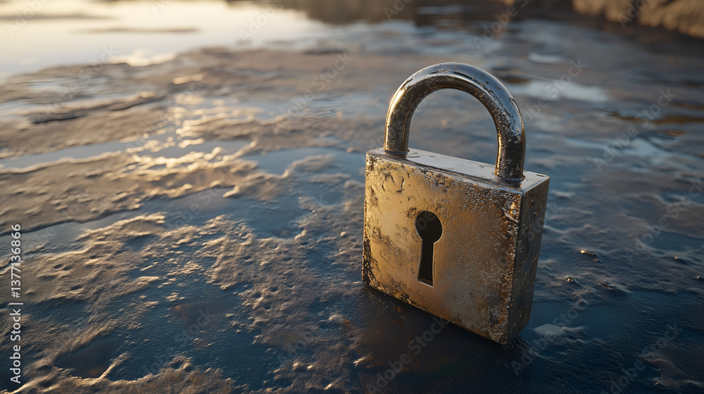 Poster a close-up shot of a weathered padlock on a textured surface, showcasing security and protection