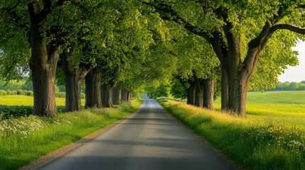 Naklejka premium Scenic country road lined with lush green trees.
