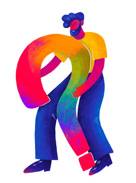 Colorful figure holds a vibrant question mark in abstract design