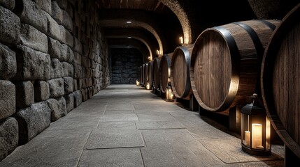 A dimly lit cellar featuring wooden barrels lined against stone walls, creating a rustic and inviting atmosphere.
