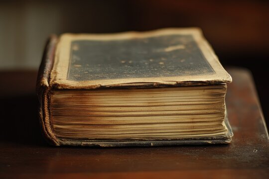Aged book on wooden surface.  Pages and cover show signs of age and wear
