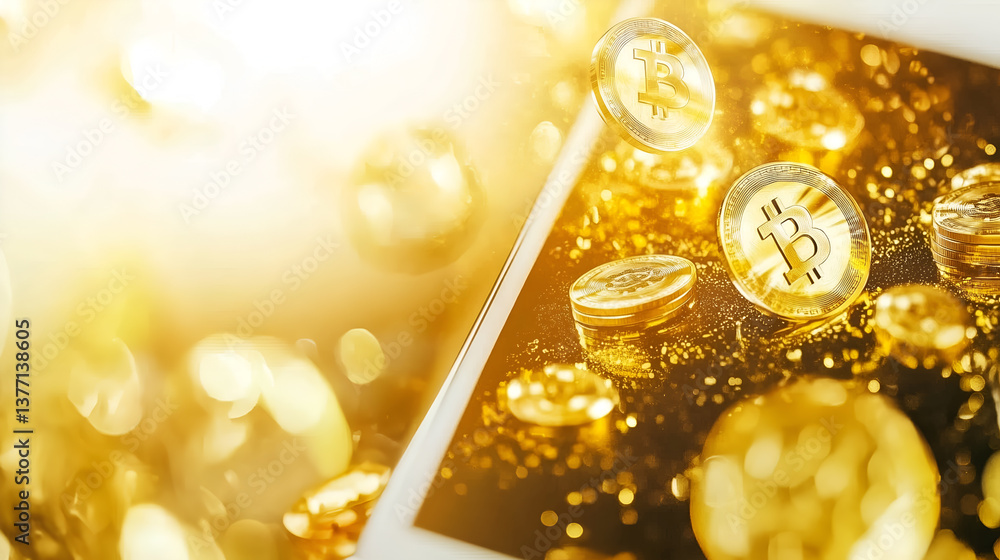Poster digital currency and future wealth concept. golden coin floating on the device