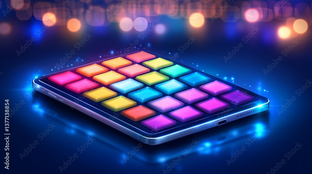 Poster colorful interactive touch screen interface, a device showcasing illuminated, vibrant light show pat