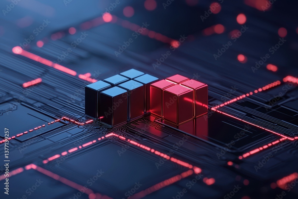 Poster cash flow and business assets concept. futuristic blocks on a digital circuit board with glowing lin