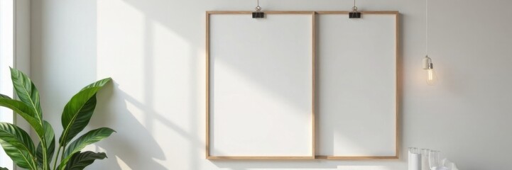 Modern art display with empty frame and clips on the wall, minimalist decor empty frame clip suspension, modern wall hanging empty frame decoration