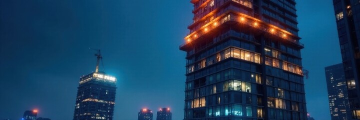Obraz premium Modern luxury skyscraper under construction with LED lights at night , luxury, modern