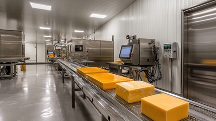 A modern cheese processing facility with large blocks of cheese on a conveyor belt, showcasing an industrial setting focused on food production.