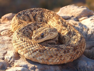Naklejka premium Coiled Rattlesnake Resting on Rocks with Detailed Scale Pattern