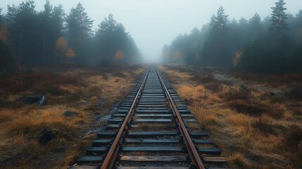 Railway Through the Forest in the Early Morning Mist, an ethereal landscape