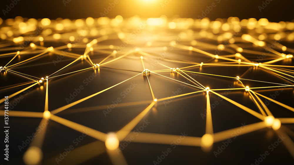Poster abstract network connections lit up with golden light, suggestive of interconnectedness and data flo