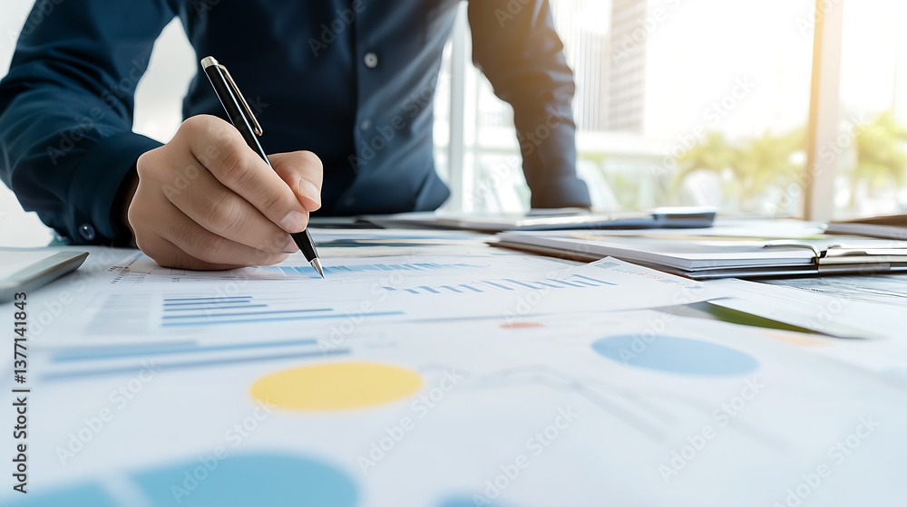 Poster business analysis in office setting detailed reports and charts professional environment close-up vi