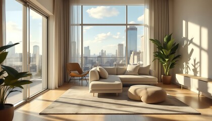 Living Room with City View Interior Design and Modern Decor