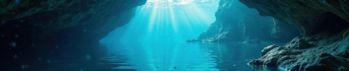 Ocean surface reflected in a submerged cave with fish swimming above ,  marine,  dark blue