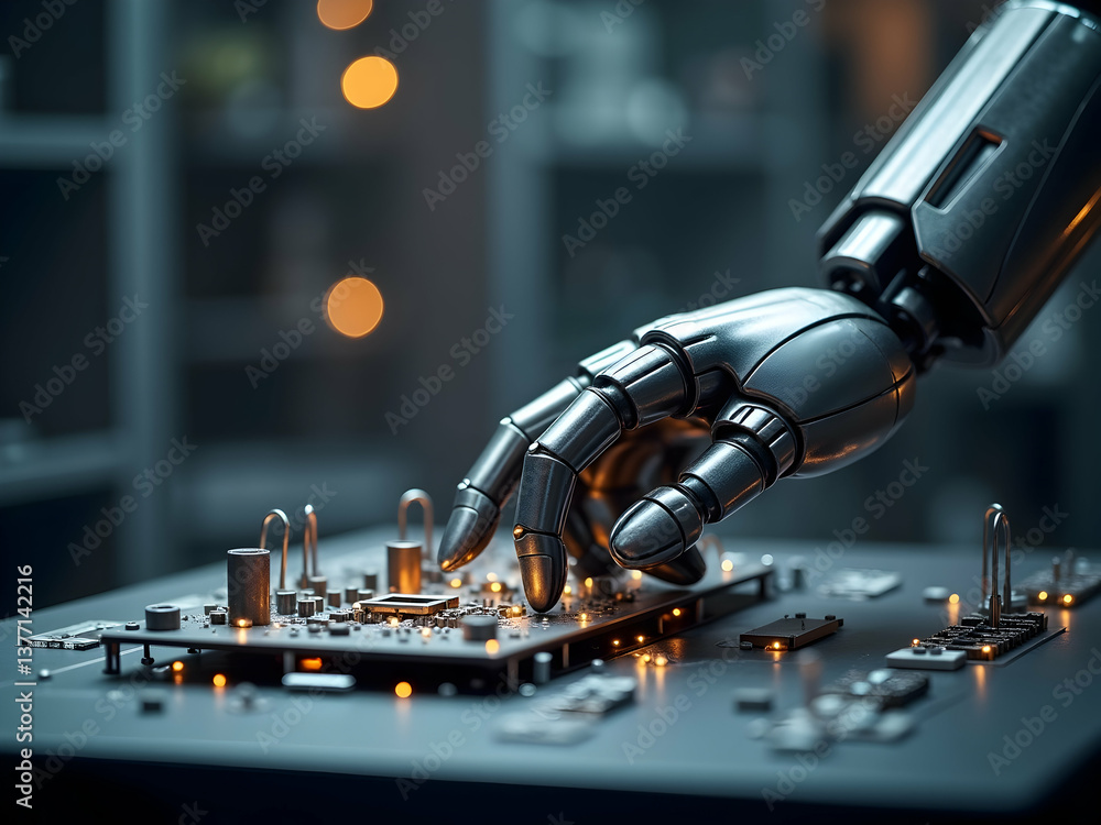 Poster intricate depiction of a metallic robotic hand delicately interacting with a complex circuit board, 