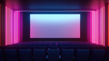 Obraz premium modern theater interior featuring large blank screen, illuminated by vibrant pink and blue lights, creating captivating atmosphere