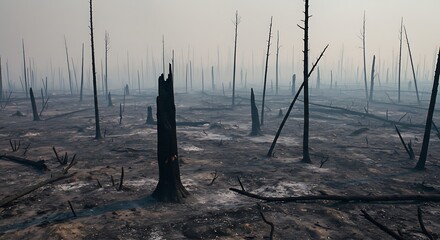 Burnt Tree Landscape Shows Wildfire Aftermath in a Smoky Wasteland