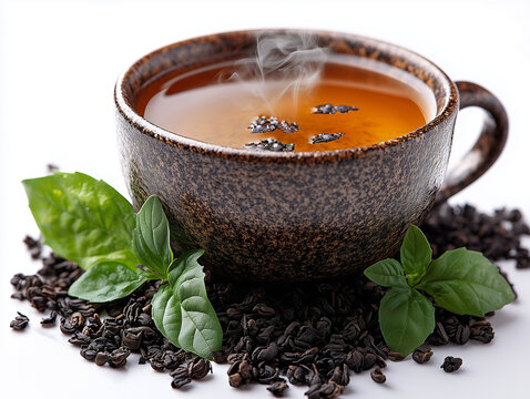 A steaming cup of freshly brewed tea in a rustic black ceramic cup, surrounded by loose tea leaves and fresh green basil. The rich amber color of the tea enhances its warm and aromatic appeal, creatin