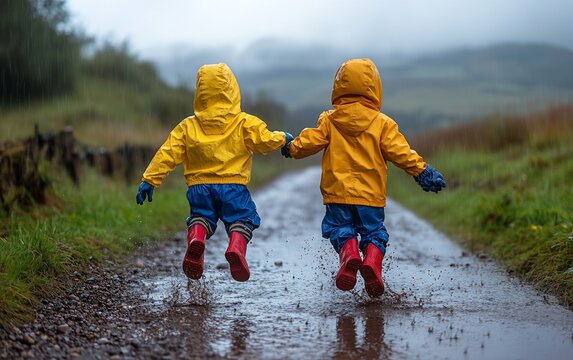 Children Joyfully Splashing Through Puddles on a Rainy Day Adventure in Nature