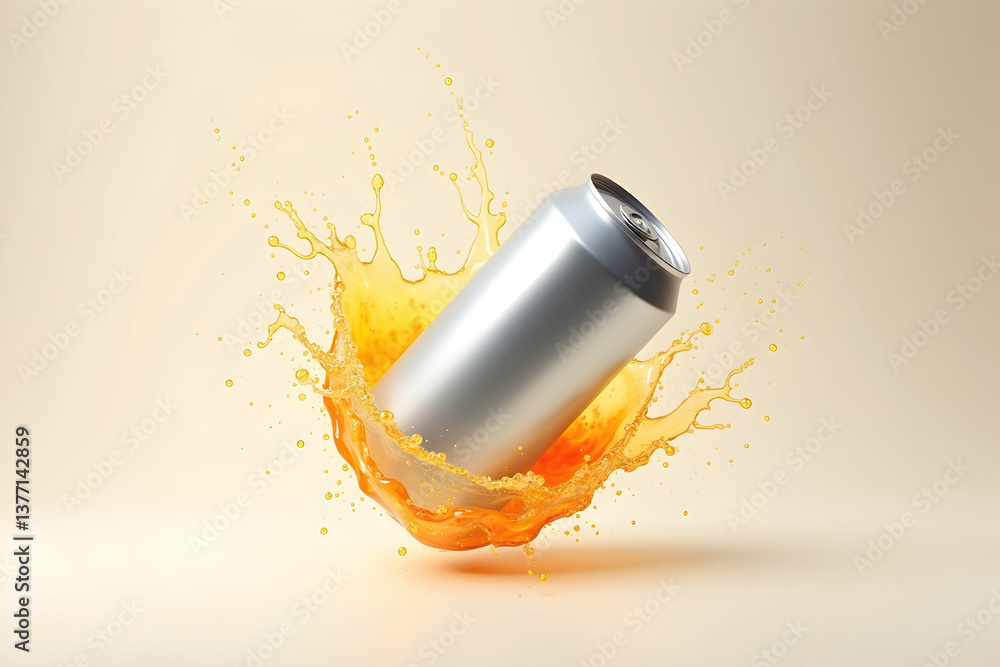 Poster invigorating splash, photorealistic illustration of a silver can bursting with vibrant orange liquid