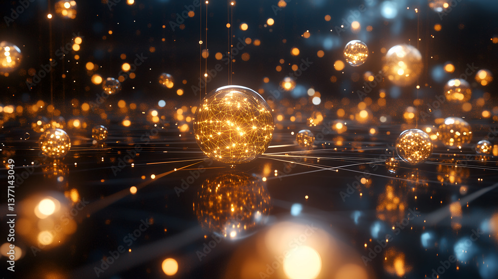 Poster a futuristic abstract with glowing golden spheres in a dark, reflective environment, symbolizing dat