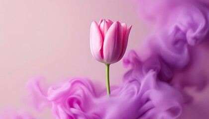 Fototapeta premium Elegant Pink Tulip Blossom with Swirling Lavender Smoke Decoration