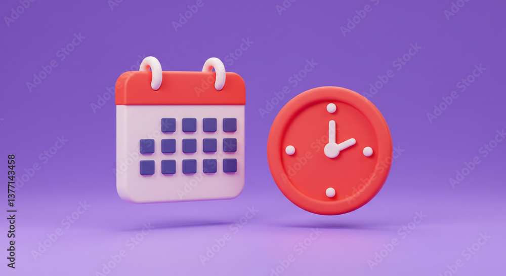 Poster a cheerful 3d calendar and clock symbolizing time management and scheduling, rendered against a soft