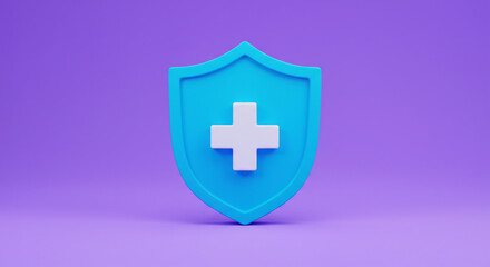 Obraz premium A protective blue shield with a white cross symbolizing health and safety, rendered in a clean 3D style against a vibrant purple background.