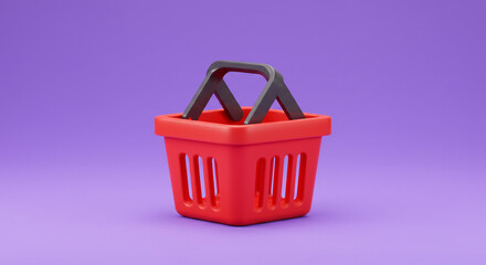 Fototapeta premium A vibrant red shopping basket, ready for your next purchase, sits invitingly against a soft purple background.