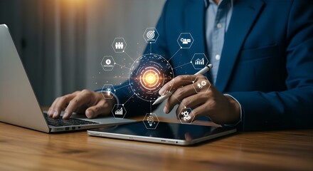 Business Technology Integration: Man Using Laptop & Tablet with Digital Network Overlay for Data Analysis & Modern Workflow Solutions