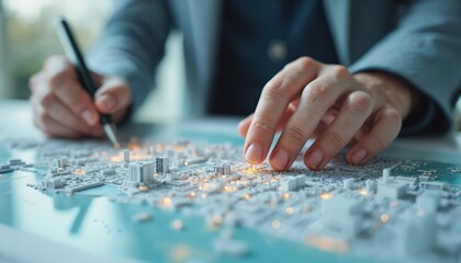 Architect hands working on detailed map of futuristic city with advanced urban planning. AI-generated image of digital city, with advanced tech, neon lights, glowing elements. Urban design, modern
